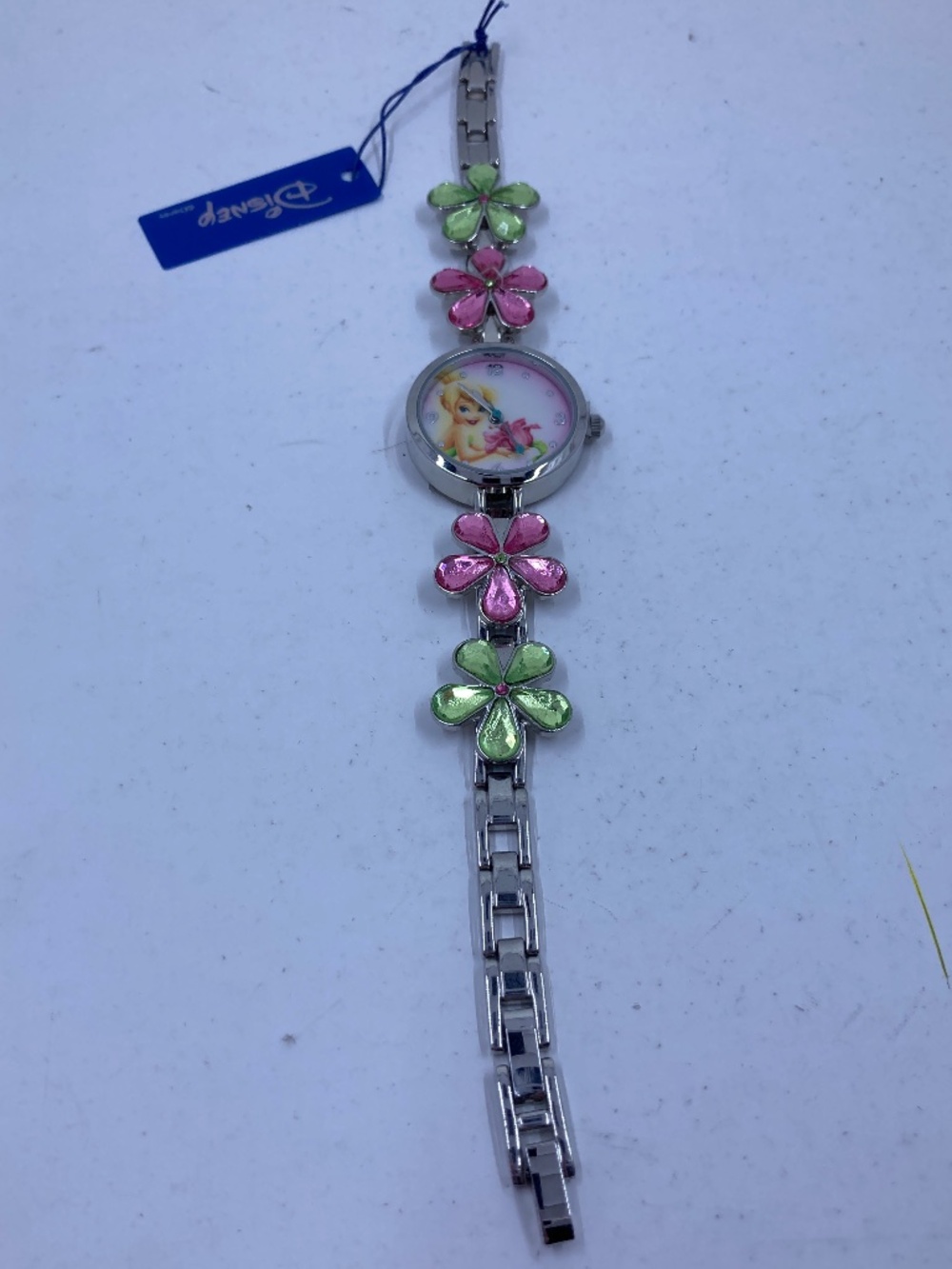 Disney Tinkerbell Watch Silver NWT Pink Green Rhinestone Flower Adjustable